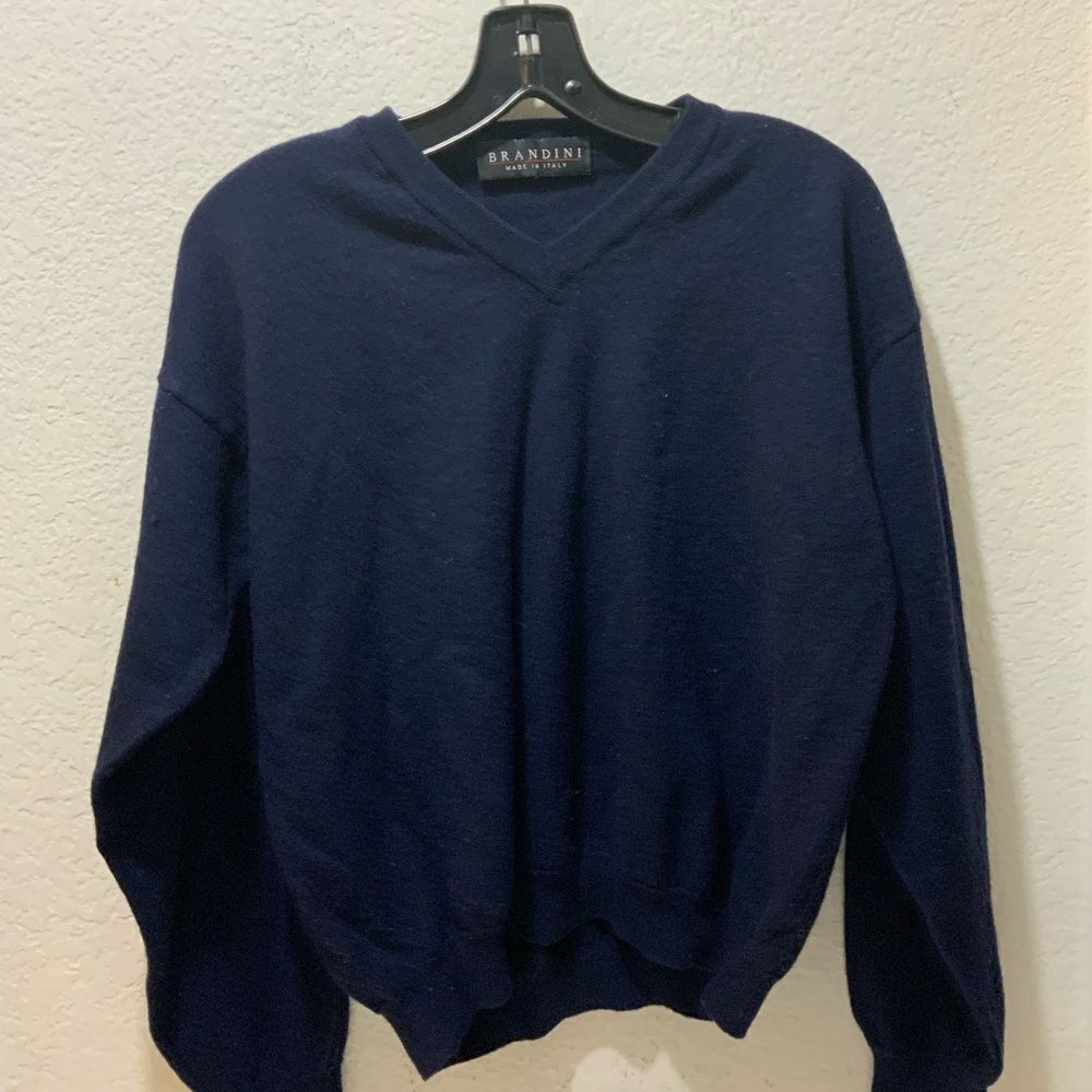 Vintage Brandini Blue 100% merino pure wool Pullover V Neck Sweater Italy - Picture 2 of 11